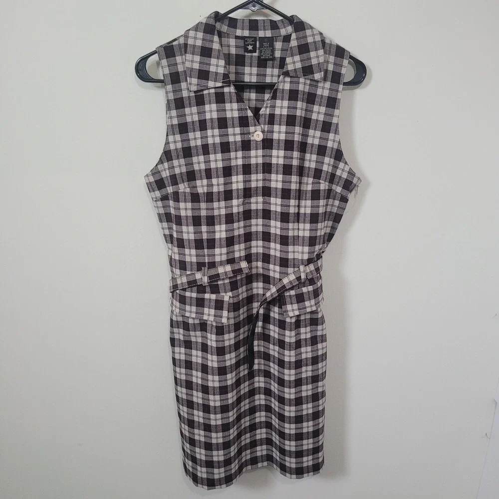 American Eagle 6 Plaid Shift Dress Womens Black White Sleeveless 90s Y2K Vintage